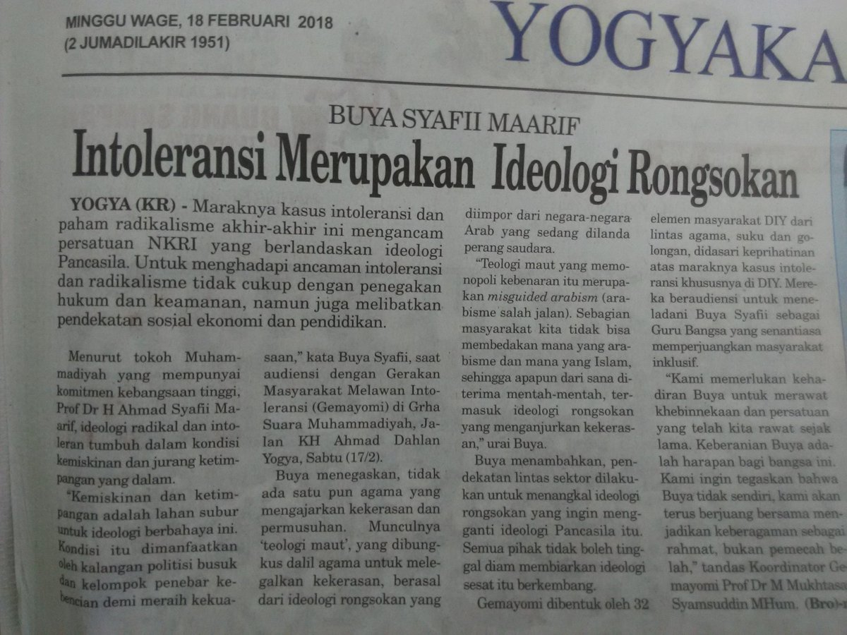 Intoleransi merupakan ideologi rongsokan" Buya Syafii (KR 18/2) 

Foto: fajarjun