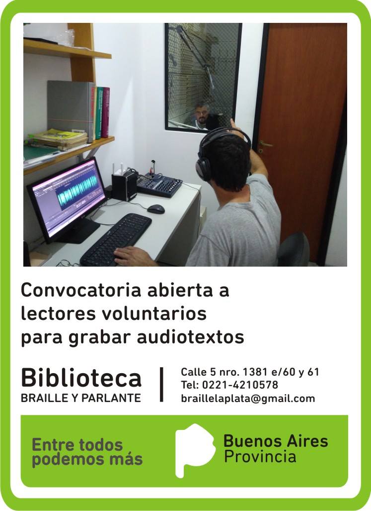 extension_fce's tweet photo. Convocatoria abierta a lectores voluntarios para grabar audiotextos.
Biblioteca Braille y Parlante de la provincia de Buenos Aires.
Calle 5 nro. 1381 e/60 y 61 - La Plata.
Tel: 0221-4210578
E-mail: braillelaplata@gmail.com https://t.co/WJPw3zRUOy