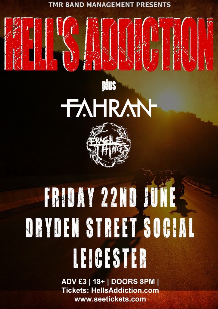 Hell's Addiction (@hells_addiction) on Twitter photo *******Gig Announcement****** Our next hometown gig will be at <a href="/DrydenStreetSC/">Dryden St Social</a> and we will be joined by <a href="/Fahranmusic/">FAHRAN</a> and <a href="/FragileThings_/">Fragile Things</a> get your tickets now!!! Friday 22nd June *******Gig Announcement****** Our next hometown gig will be at <a href="/DrydenStreetSC/">Dryden St Social</a> and we will be joined by <a href="/Fahranmusic/">FAHRAN</a> and <a href="/FragileThings_/">Fragile Things</a> get your tickets now!!! Friday 22nd June