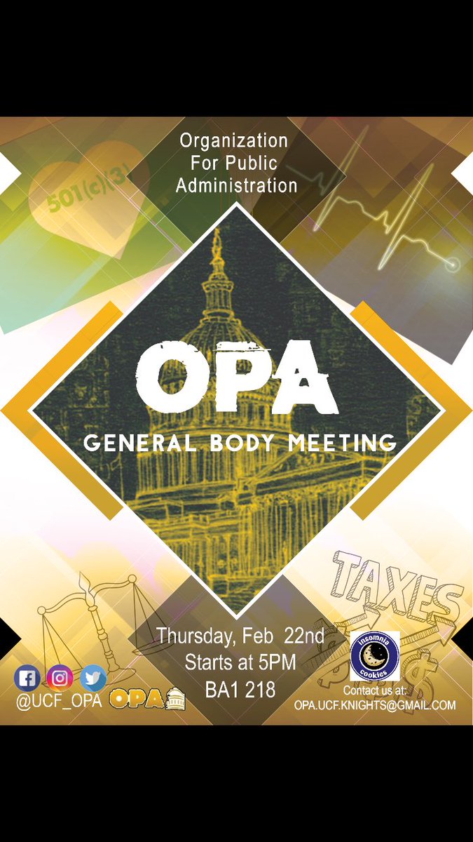UCF_OPA's tweet photo. FREE Insomnia Cookies at the meeting! Thursday!! If you are interested in working in the Government/Public sector, come check us out! We will be opening up many different positions if you want to get involved as well! Open to ALL majors!! Follow our social media pages! https://t.co/BBPMoZA4Hx