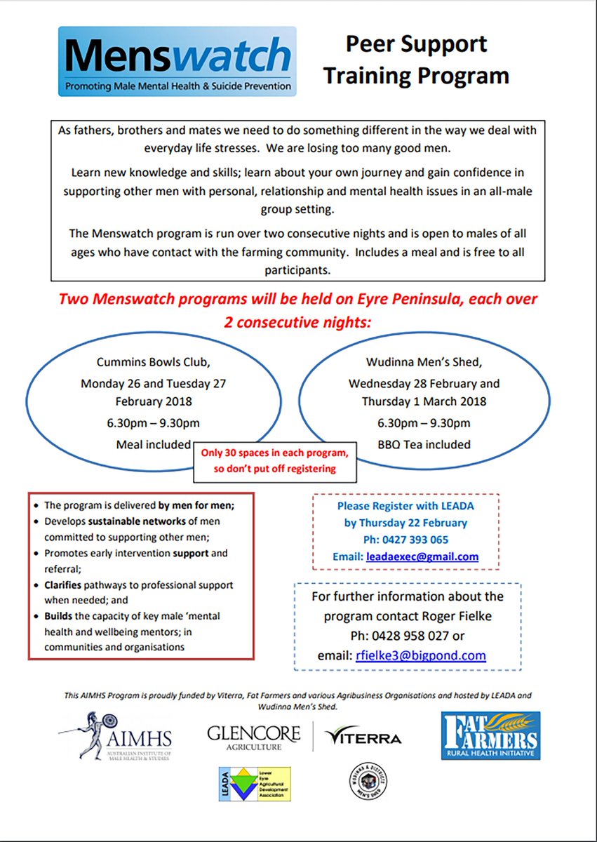 Fat Farmers (@fat_farmers) on Twitter photo Want to help a mate who is struggling ? The #Menswatch program will discuss this on #EPAG starting Feb 26 at Cummins and Wudinna Feb 28. Dont miss this opportunity to learn how to save a friends life, we lose too many good men. <a href="/GrainProducerSA/">Grain Producers SA</a> <a href="/broadacrebabe/">Karen Baines</a> <a href="/phillisfarms/">Jamie Phillis</a> Want to help a mate who is struggling ? The #Menswatch program will discuss this on #EPAG starting Feb 26 at Cummins and Wudinna Feb 28. Dont miss this opportunity to learn how to save a friends life, we lose too many good men. <a href="/GrainProducerSA/">Grain Producers SA</a> <a href="/broadacrebabe/">Karen Baines</a> <a href="/phillisfarms/">Jamie Phillis</a>