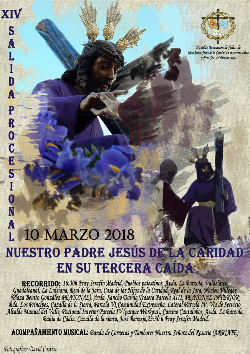 PasyEsp's tweet photo. El próximo 10 de marzo el Señor de la Caridad recorrerá las calles de Los Príncipes en la que será su XIV salida procesional.

Lo acompañará @RosarioArriate 

 #TDSCofrade https://t.co/Ehu9eYvw6k