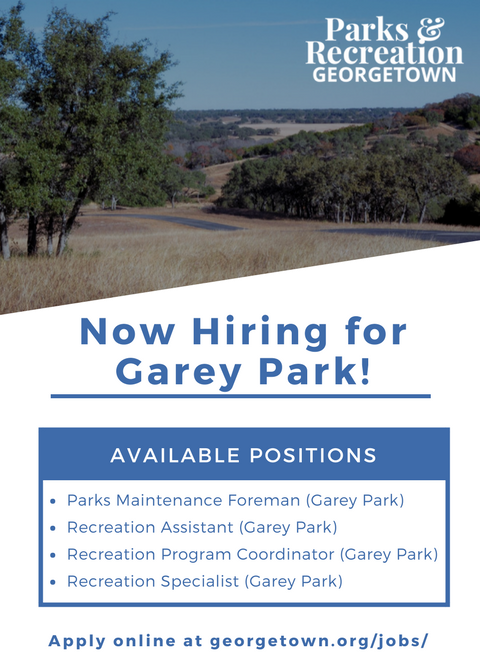 GareyParkGTX's tweet photo. Join our team! The Georgetown Parks and Recreation Department is now hiring for multiple positions at Garey Park. 

Learn more and apply online at https://t.co/l9aiDlR3M2

#GareyParkGTX #GeorgetownParksandRec  #GeorgetownTX https://t.co/mjTBExAjgf