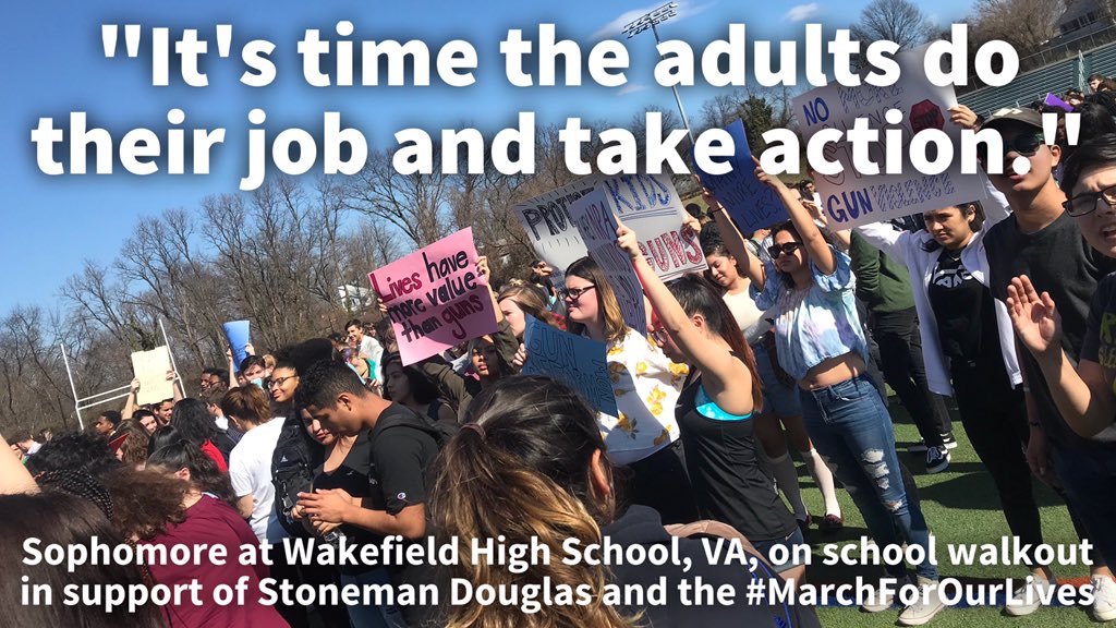 ‪"It's time the adults do their job and take action. How many of us have to die before they do something"‬
‪- Sophomore at Wakefield High School, VA, on school walkout in support of Stoneman Douglas and the #MarchForOurLives‬

‪@schoolwalkoutUS @@Emma4Change @seetlahlee #GunReformNow‬