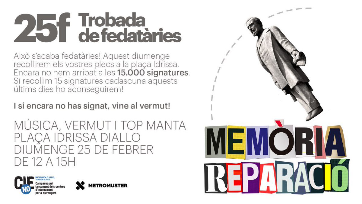 ATENCIÓ FEDATÀRIES ⚠️ Això s'acaba i encara necessitem moltes signatures! Si recollim 15 cadascuna aquests últims dies ho aconseguirem! Vine aquest diumenge 25F a la plaça Idrissa i porta el teu plec. I si encara no has signat, vine al vermut, amb música i top manta!