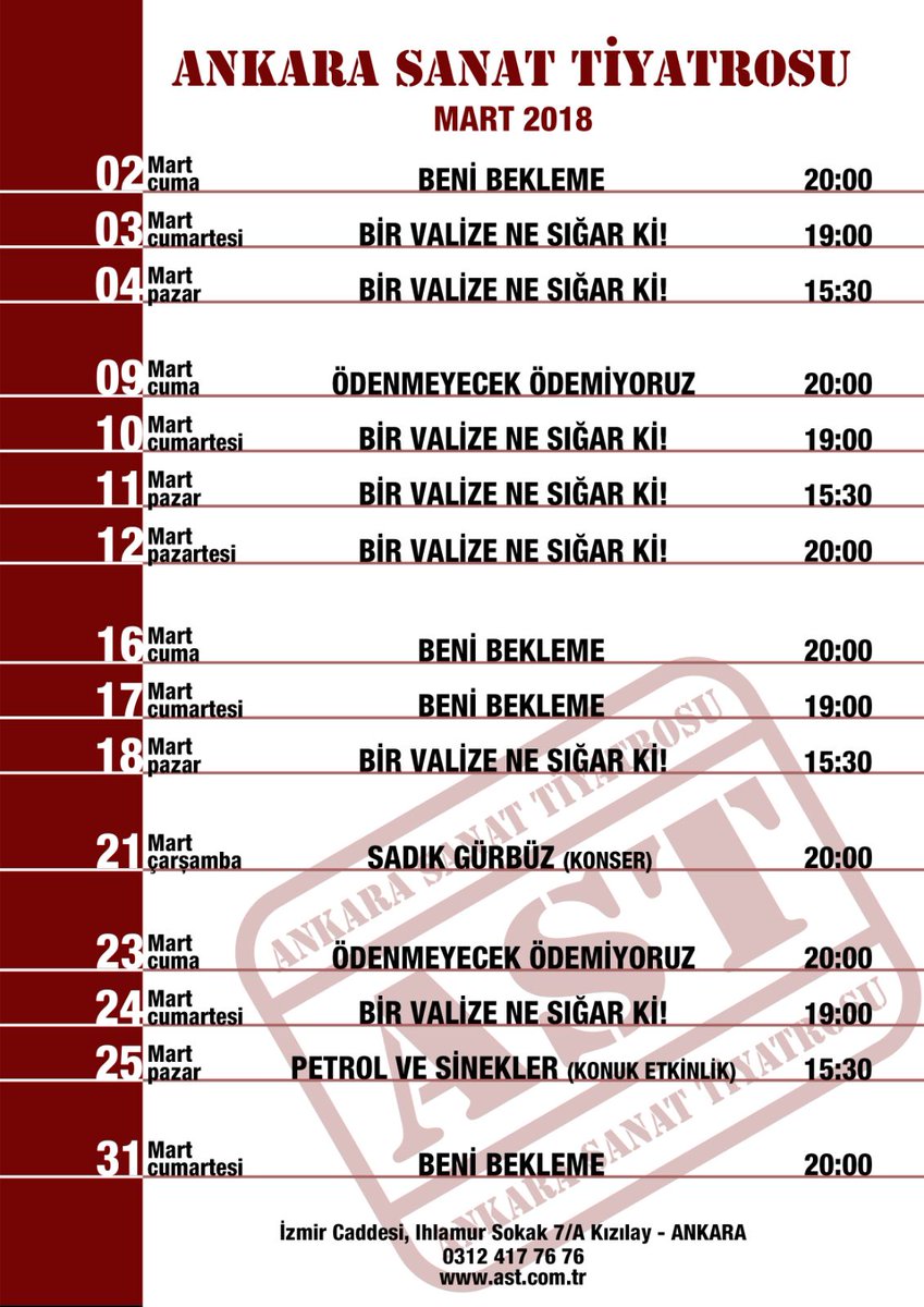 Ankara Sanat Tiyatrosu'nda Mart 2018...

Biletler biletinial.com ve gişemizde! ☎ (0312) 417 7676
🎟 biletinial.com/ankara-sanat-t…