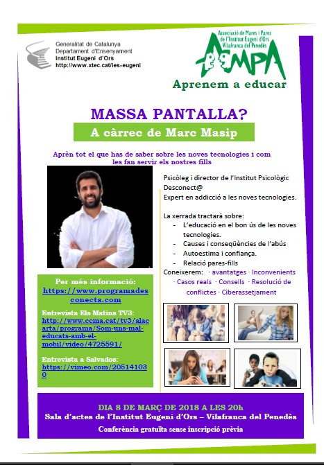 ampaeugenidors's tweet photo. 8 de març a les 20h xerrada "Massa Pantalla?" amb Marc Masip #Desconect@ #novestecnologies #joves A la sala d'actes de l' @Ins_Eugeni #Vilafranca
Gratuïta i sense inscripció prèvia https://t.co/EsTJZv2sCg https://t.co/REyRcYbdQO
