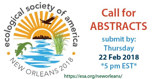ESA_org's tweet image. Planning to present at #ESA2018? 

Submissions for posters and talks are due TODAY, February 22 at 5:00 PM Eastern (2:00 Pacific). 

We hope to see you in #NOLA  eco.confex.com/eco/2018/cfp.c…