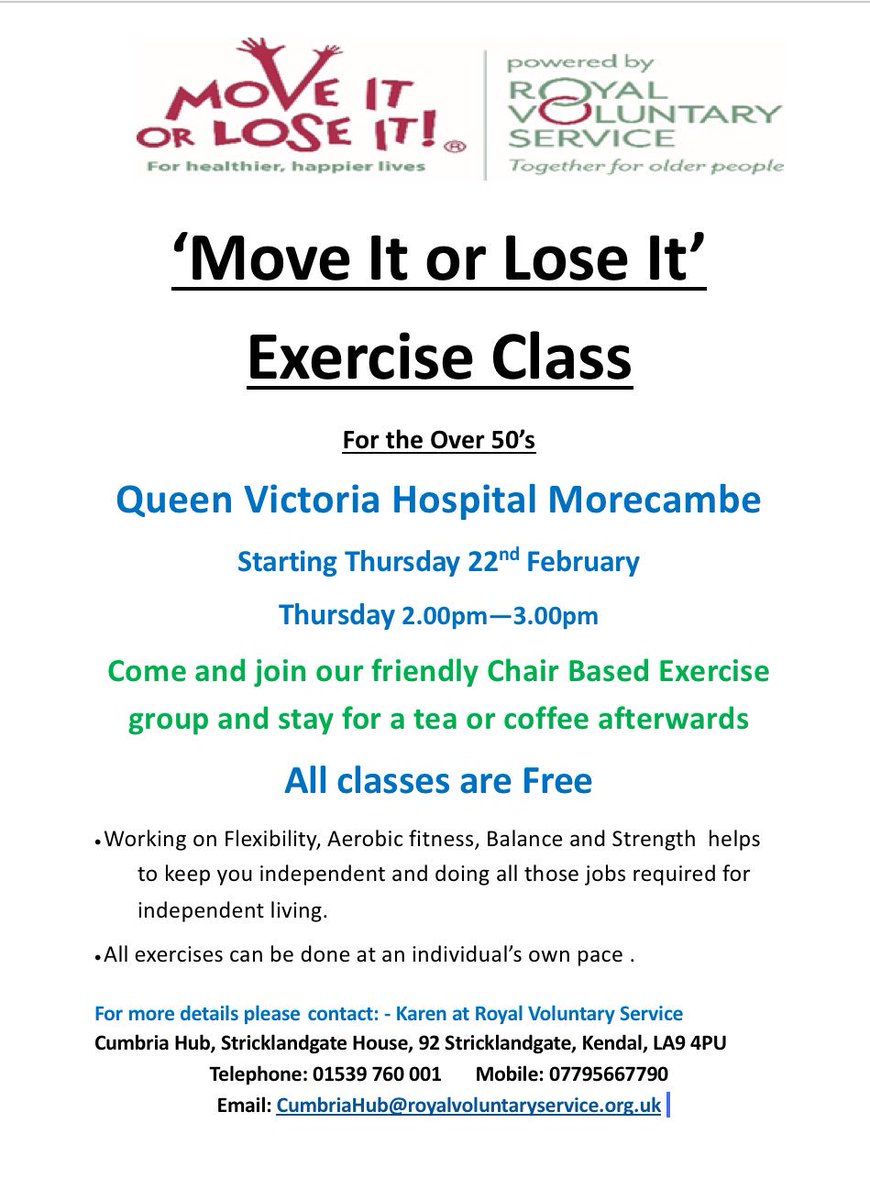 New free exercise class starting tomorrow Thur 22nd Morecambe stay fit have fun #stayindependent <a href="/UHMBT/">MorecambeBayNHSTrust</a> @RVSCumbria