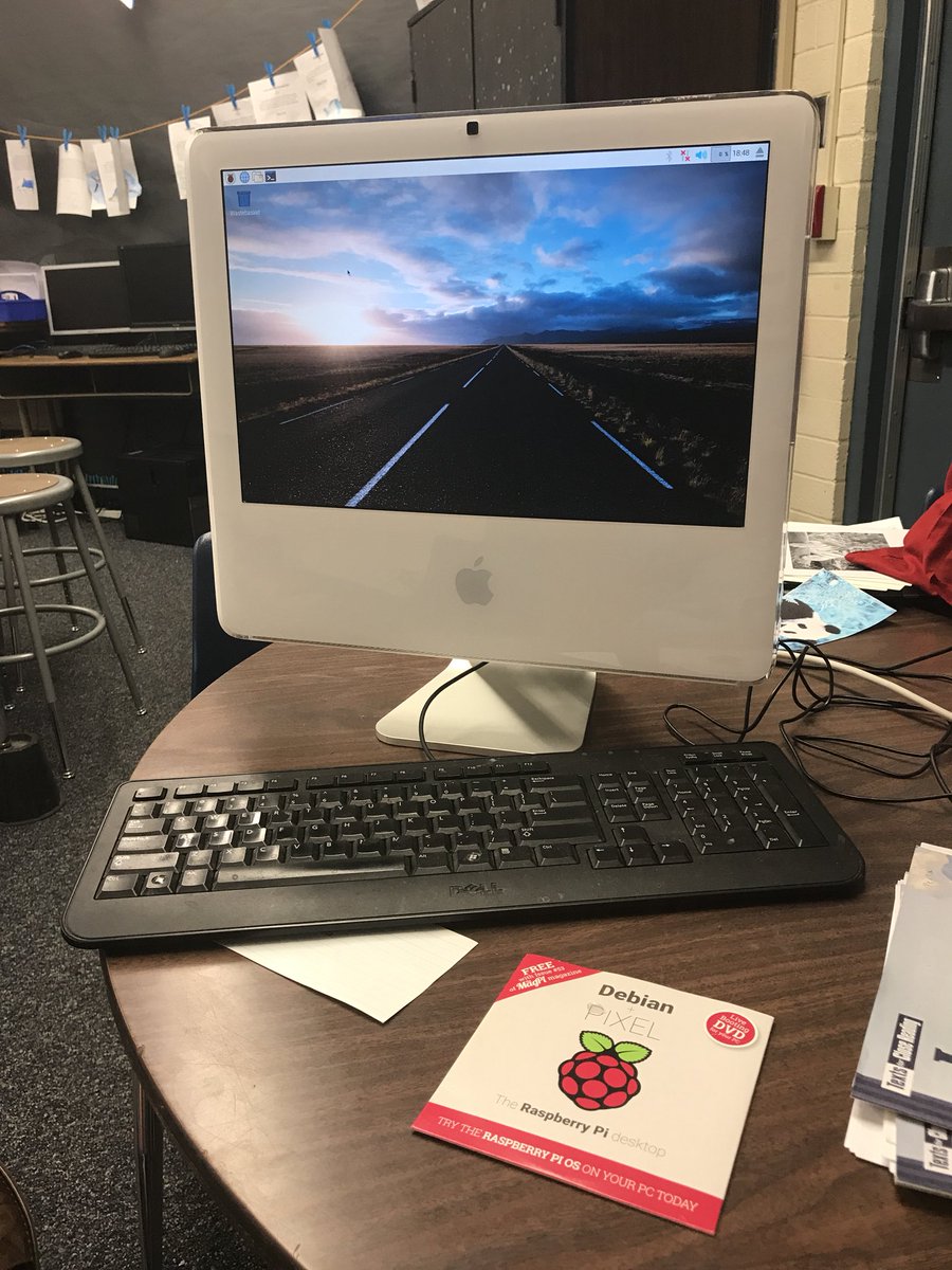 KyleJwilke's tweet photo. Got @Raspberry_Pi Pixel Desktop rocking on an old iMac. Was going to be ewasted. Not today! #recycle #upgrade #codermachine Another option for my @CodeClubWorld kiddos. https://t.co/Hz8T8z1gtr