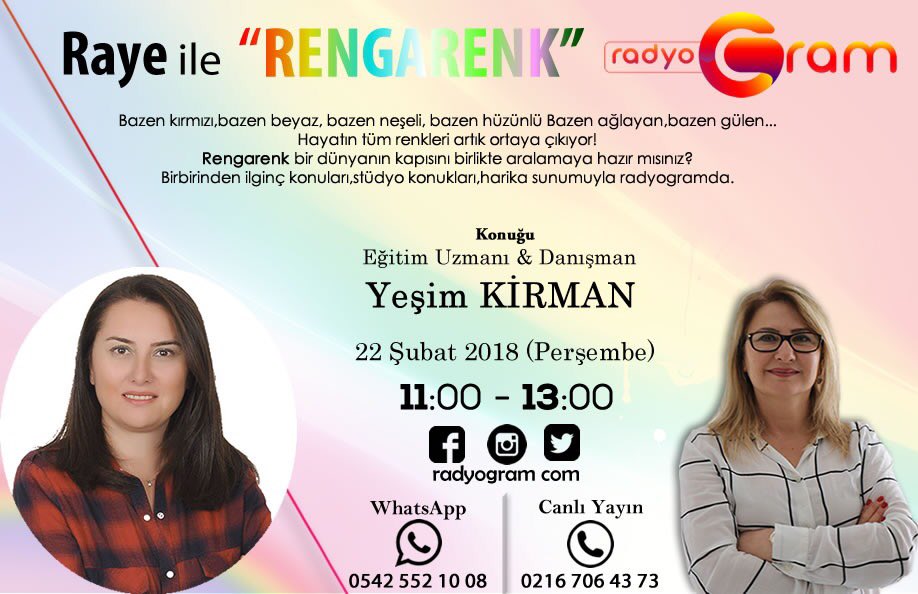 yesimykirman's tweet photo. 22 Şubat Perşembe (Yarın) 11:00-13:00 saatleri arasında Radyo Radyogram’da Raye ile Rengarenk programına konuk olacağım. Bu sohbete siz de katılmak isterseniz https://t.co/gklGFlaviy dan bizleri dinleyebilirsiniz. #radyo #radyogram #eğitim https://t.co/a7PcfSah1n