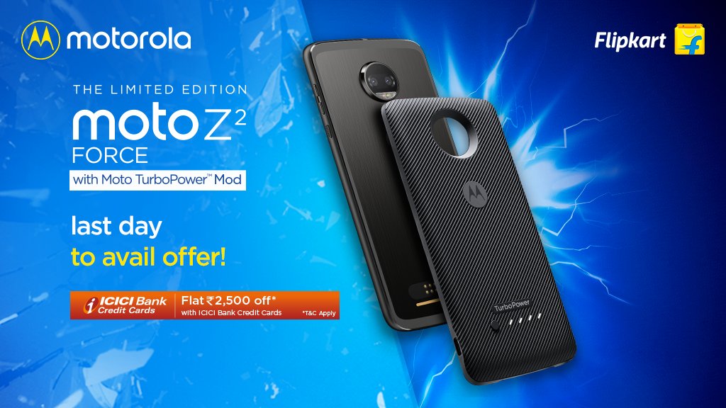 motorolaindia's tweet photo. The Limited Edition #MotoZ2Force with #MotoTurboPowerMod is back on sale on @flipkart! If you haven’t gotten it yet, buy it now and get Flat Rs. 2,500 off with ICICI Bank Credit Cards*. Hurry, offer valid till 11:59PM tonight.  https://t.co/EUJgWTMAGC https://t.co/xkQstHMxnN