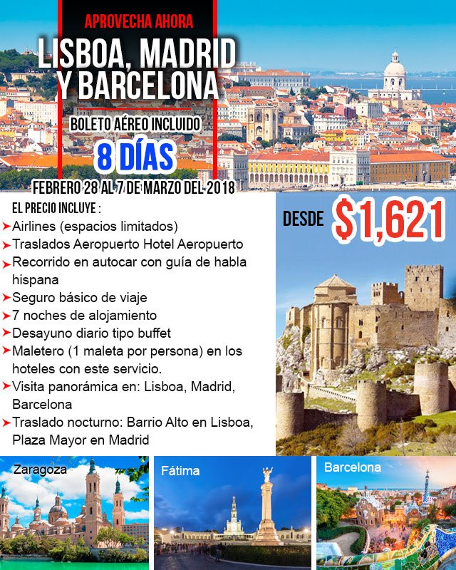 CheapTravelToGo's tweet photo. Lisboa, Madrid y Barcelona!
8 Dias / 28 de Febrero al 7 de Marzo 2018
Boleto Aereo Incl. (Desde Miami)
Hoteles, Comidas, Traslados y mas.
Toll Free: 1-844-892-4317
reservations@cheaptraveltogo.com
https://t.co/WiNneasbmS
#Lisboa #Madrid #Barcelona #Vacations https://t.co/516sdswRFV