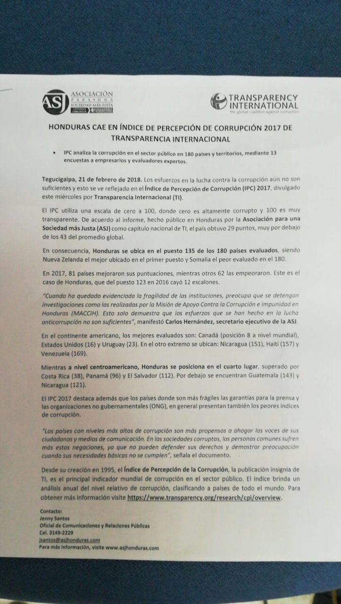nbnowHQ's tweet photo. ¡BOMBAZO! #Honduras cae estrepitosamente 12 escalones  en el Índice de Percepción de la Corrupción. En el 2016 se ubicaba en el puesto 123, y el informe del 2017, ubica al país en el 135, según @anticorruption. https://t.co/rcApu3xrpN