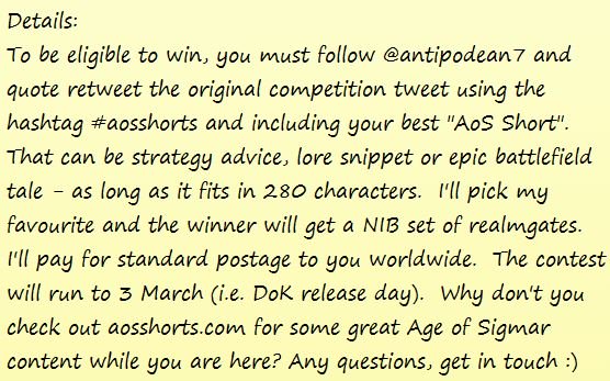 AoS_Shorts's tweet photo. COMPETITION TIME: Who wants a free NIB set of realmgates? Simply FOLLOW ME &amp; QUOTE RETWEET this tweet with #aosshorts &amp; your best "AoS Short" in 280 characters - strategy advice, lore snippet or epic battlefield tale. Contest open until 3 March #warmongers #aos #ageofsigmar https://t.co/yUq9KIR9nH