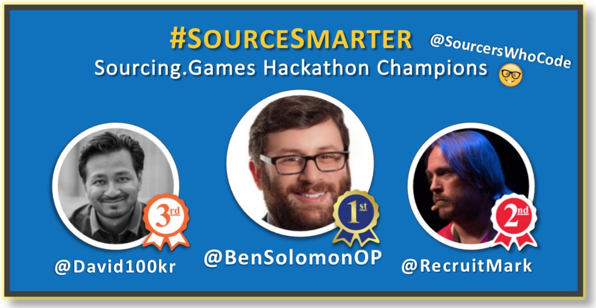 SourcersWhoCode's tweet photo. CONGRATULATIONS to our 1st EVER #SourceSmarter https://t.co/atmnwH1SBv Hackathon Champs 🤓🏆 − @BenSolomonOP, @RecruitMark, &amp; @David100kr‼️
#Sourcing #Hacking #SourceCon #SourcersWhoCode #SourceSmarter https://t.co/86YqmRJ54A