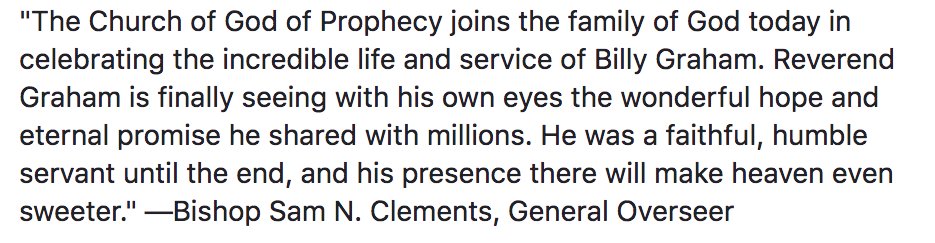 WWMessenger's tweet photo. The Church of God of Prophecy joins the family of God worldwide today in celebrating the incredible life and service of Billy Graham. Reverend Graham is finally seeing with his own eyes the wonderful hope and eternal promise he shared with millions (more) https://t.co/qOhMTOCNlS