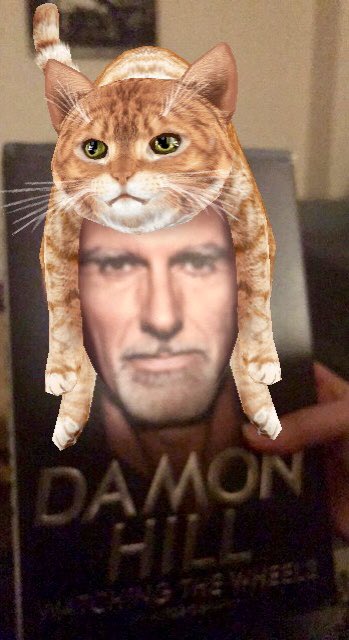 Messing with my phone &amp; wondering if the selfie app, works on any face grab the current read &amp; yes it does! Loved this book, but you do have a cat on your head 😂 <a href="/HillF1/">Damon Hill</a> <a href="/F1/">Formula 1</a>