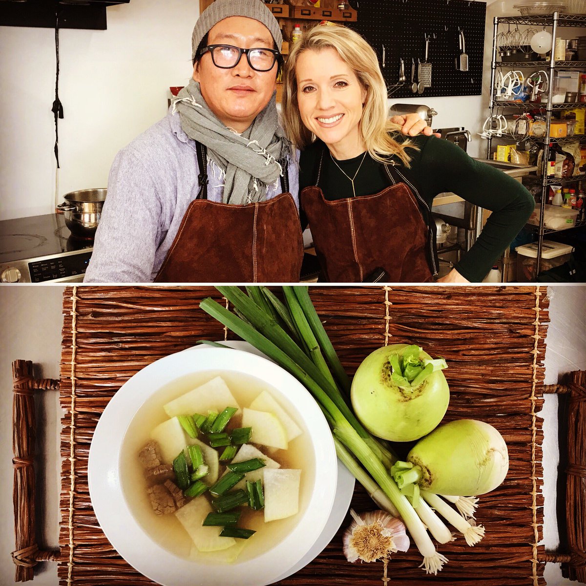 EatMySushi's tweet photo. Our own @chefsangkim with CTV’s Dana Levenson preparing a classic #korean dish, radish &amp; beef soup (무국), for her Sunday show. They will be touching on Sang’s food journey, #foodsecurity, and his efforts in #foodliteracy for children in #Toronto  @nip_toronto https://t.co/oeGLRsmvr7