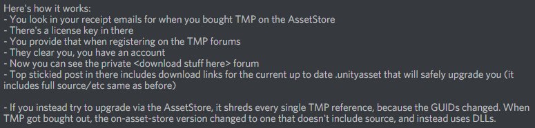 glassbottommeg's tweet image. Unity is ending support for 5.6. A lot of you still on it are using old TextMeshPro, because you tried upgrading it on the AssetStore and it broke, and thus, you&apos;re been unable to upgrade to Unity 2017.

Here&apos;s how you upgrade TMP. Yes, you can upgrade to 2017.

(RTs on this ya?)