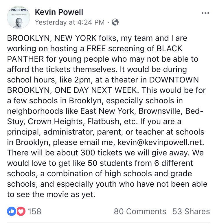 FREE #BlackPanther screening for limited number of Bklyn students. See details below. Thanks <a href="/kevin_powell/">Kevin Powell</a>