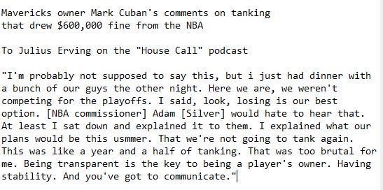 BenGolliver's tweet photo. These tanking comments by Mavericks owner Mark Cuban -- "losing is our best option" -- drew a $600,000 fine from the NBA, via Julius Erving's "House Call" podcast https://t.co/GVFMBG6Sxz