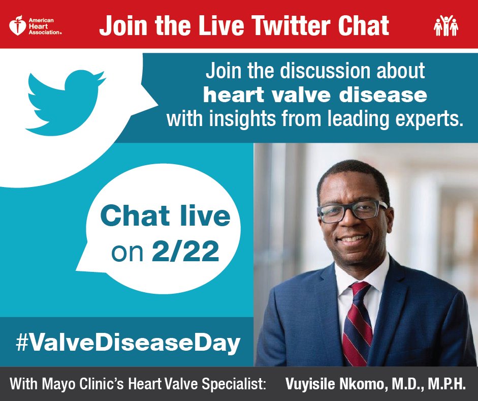 Join the <a href="/American_Heart/">American Heart Association</a> Twitter chat tomorrow at 12 p.m. CT! Dr. Nkomo will be participating to talk about National Heart Valve Disease Awareness Day. #ValveDiseaseDay