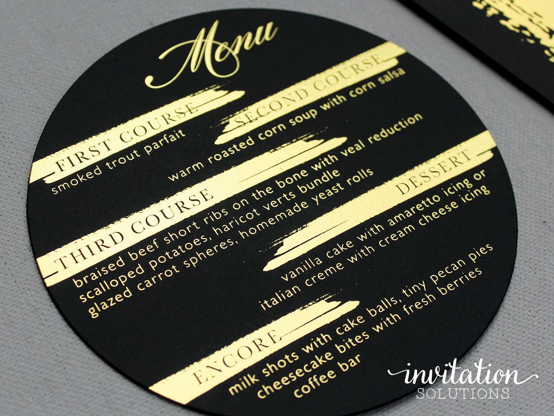 Invitation_TX's tweet photo. Black and gold is always a good idea, and so are circle menus! They add a bit of fun and pizzazz to any social gathering π #invitationsolutions #invitations #invitation #weddinginvitations #wedding #stationery #weddingstationery #eventbranding #branding #event #menu #houston #tx https://t.co/PdShwIablq