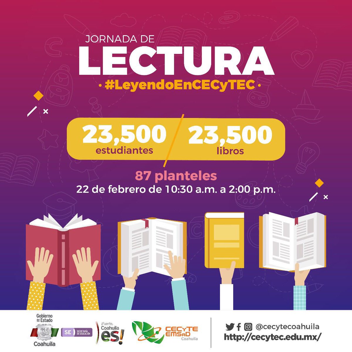 Mañana 23,500 estudiantes de <a href="/CECyTECoahuila/">CECyTE Coahuila</a> leerán 23,500 libros. 

En #CECyTE #Coahuila nuestro compromiso es preparar académicamente a nuestros jóvenes y además fomentar buenos hábitos,  como la lectura. 

#LeyendoEnCECyTEC  #Visión2020 #FuerteCoahuilaEs