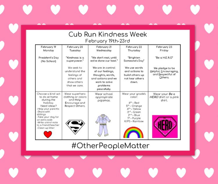 CubRunCounselor's tweet photo. @CubRunES #KindnessWeek2018 - Day 3! We don’t rest until we’ve done our best! 🚫😴 Tomorrow, wear your grade’s color and brighten someone’s day! 🌈 ☀️ 6-red, 5-orange, 4-yellow, 3-green, 2-blue, 1-purple, K/PK-rainbow https://t.co/1a2qJ8U6iL
