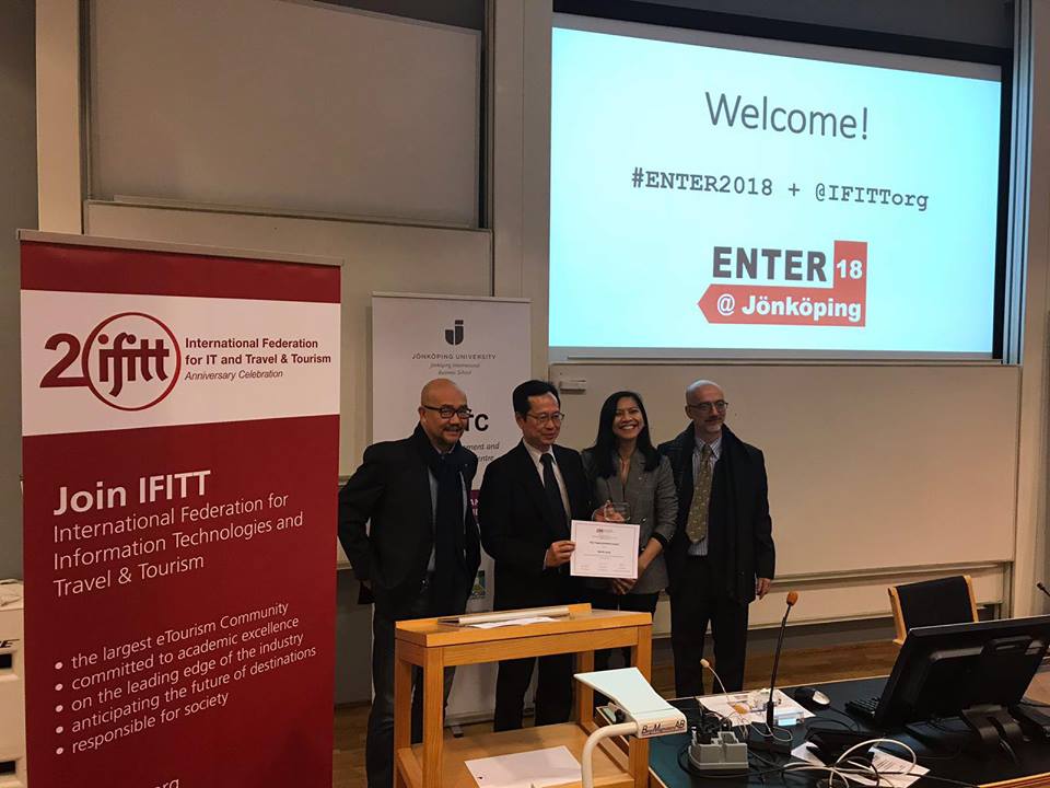 IFITTorg's tweet photo. IFITT welcomes academic students, encourages and supports their research. During #ENTER2018, Edoardo Cantoni and Daniel Leung were awarded Thesis Excellence Award. Francisco Femenia-Serra, HyeRhim Kim and Mattia Rainoldi were awarded Best PhD Proposal. Congratulations! https://t.co/zeVfCztiOe