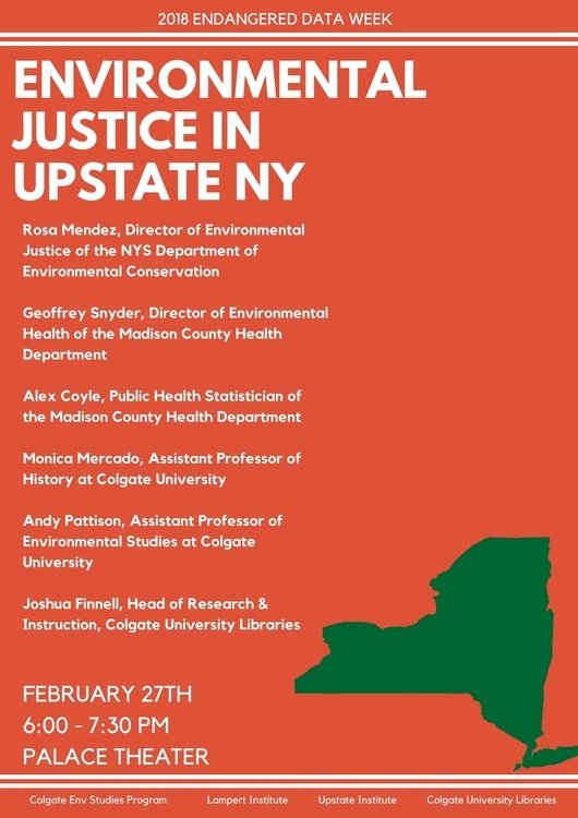 colgatesust's tweet image. Environmental Justice in Upstate NY panel at the Palace Theater tonight at 6pm! Part of 2018 #EndangeredData Week