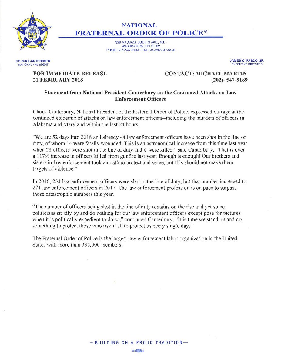 Statement on attacks against cops: "The number of officers being shot in the line of duty remains on the rise and yet some politicians sit idly by and do nothing for our law enforcement officers except pose for pictures when it is politically expedient to do so." #EnoughIsEnough
