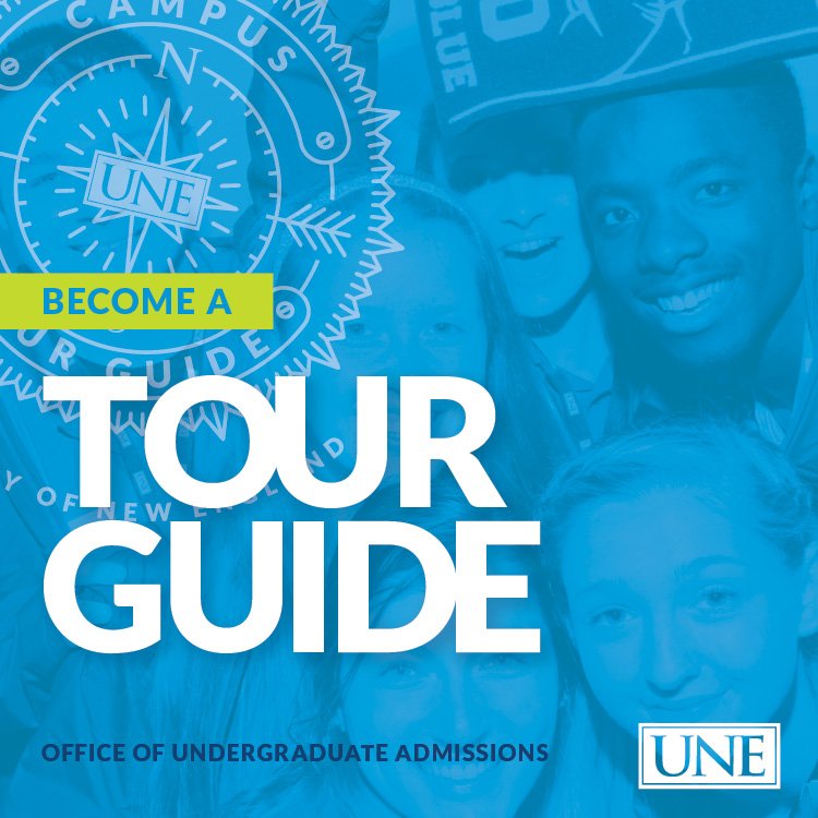 Current students, become a campus tour guide! Meet future #UNE students &amp; their families, give campus tours, answer questions &amp; help at admissions events. Applications for summer and the 2018-2019 academic year are due by March 30.  Apply here: bit.ly/2BtFNNh