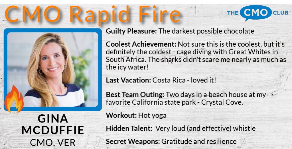 @TheCMOclub @ginamcduffie re: Get to know LA CMO Club Member, @GinaMcDuffie, #CMO at Ver! #CMOrapidFire > Wow ... you’re awesome, Gina! No doubts that you’re a very inspiring leader. Thanks for the heads-up, @kieranhannon. 👍