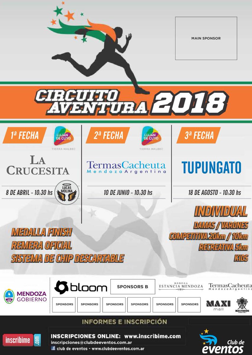 Inscribime.com (@inscribime) on Twitter photo MAÑANA! 🏃♂️ #CircuitoAventura 2018 - Fecha 1
📍 La Crucesita #LujanDeCuyo
🗓️ 8/4
🎟️ cupos limitados inscribime.com
#NoTeLoPierdas #running #20k #10k #5k #kids #Trekking #CrossCountry #hoyseentrena <a href="/NegroEdgTorres/">Club de Eventos</a> #Buen MAÑANA! 🏃♂️ #CircuitoAventura 2018 - Fecha 1
📍 La Crucesita #LujanDeCuyo
🗓️ 8/4
🎟️ cupos limitados inscribime.com
#NoTeLoPierdas #running #20k #10k #5k #kids #Trekking #CrossCountry #hoyseentrena <a href="/NegroEdgTorres/">Club de Eventos</a> #Buen