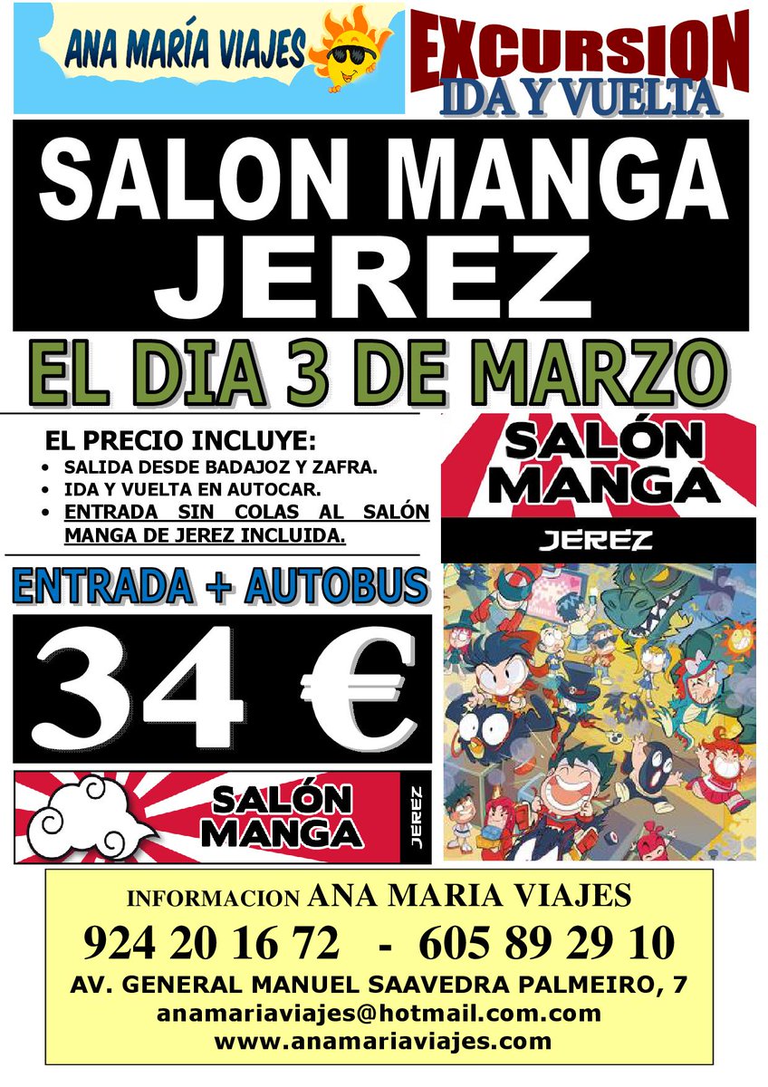 Extremanga2017's tweet photo. La agencia de viajes @AnaMariaViajes organiza un viaje a nuestro evento amigo @SalonMangaJerez con salida de #Badajoz y #Zafra por solo 34 €, con el autobús y la entrada incluida.
Apuntate ya en su agencia. https://t.co/JJv0ISBZ9o