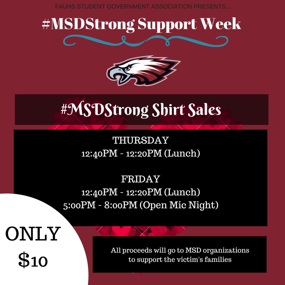 FAUHighSGA's tweet photo. #MSDStrong 🦅 Shirts will be on sale starting TOMORROW and will end FRIDAY at Open Mic Night🎙
All proceeds will go to the victims and their families❤️ #spreadthelove

Use the link in the bio to preorder🔝🔝 https://t.co/yAjwDUvlPa