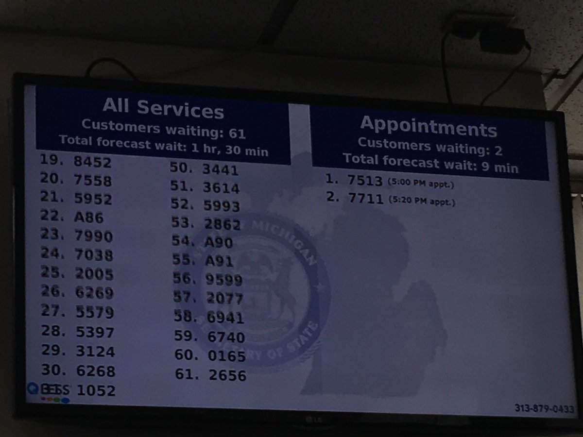 In line at SOS to get a new license. I set up an appointment.  That’s me, number 1 on the right. Wait time 9 mins. Everyone else waiting 90 mins. Go Qless!