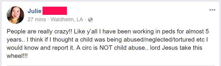 MutilationWatch's tweet image. Public post by medical asst who works at Fairway Pediatrics. Previously, she bragged about assisting with a "circumcision." #i2