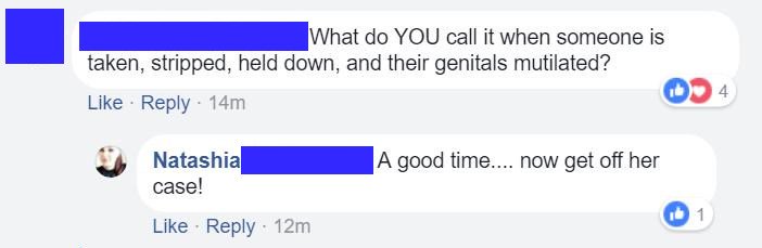 MutilationWatch's tweet image. Public post by defender of medical asst who helped with a "circumcision." #i2