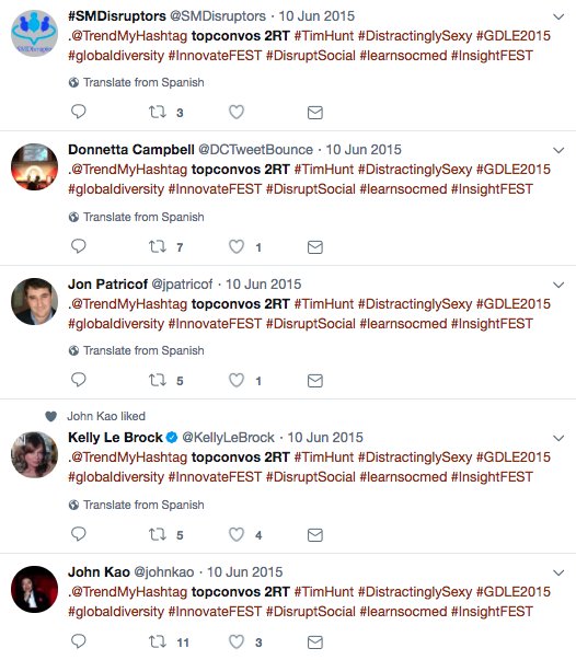 WistyEL's tweet photo. While these measures address automation there remains the problem of retweet networks - users who have agreed to RT each other's posts for mutual promotion. An example is the "topconvos 2RT" from the #TimHunt campaign. Does Twitter plan to address this? https://t.co/UKQW5kwwbX
