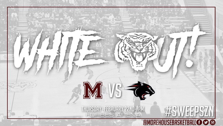 MorehouseFB's tweet photo. Tomorrow night our brothers on the court end the season against “them”. Bring your white and your broom because it’s #SWEEPSZN #OURHOUSE #RUNALLOUT https://t.co/sIKkL4uvet