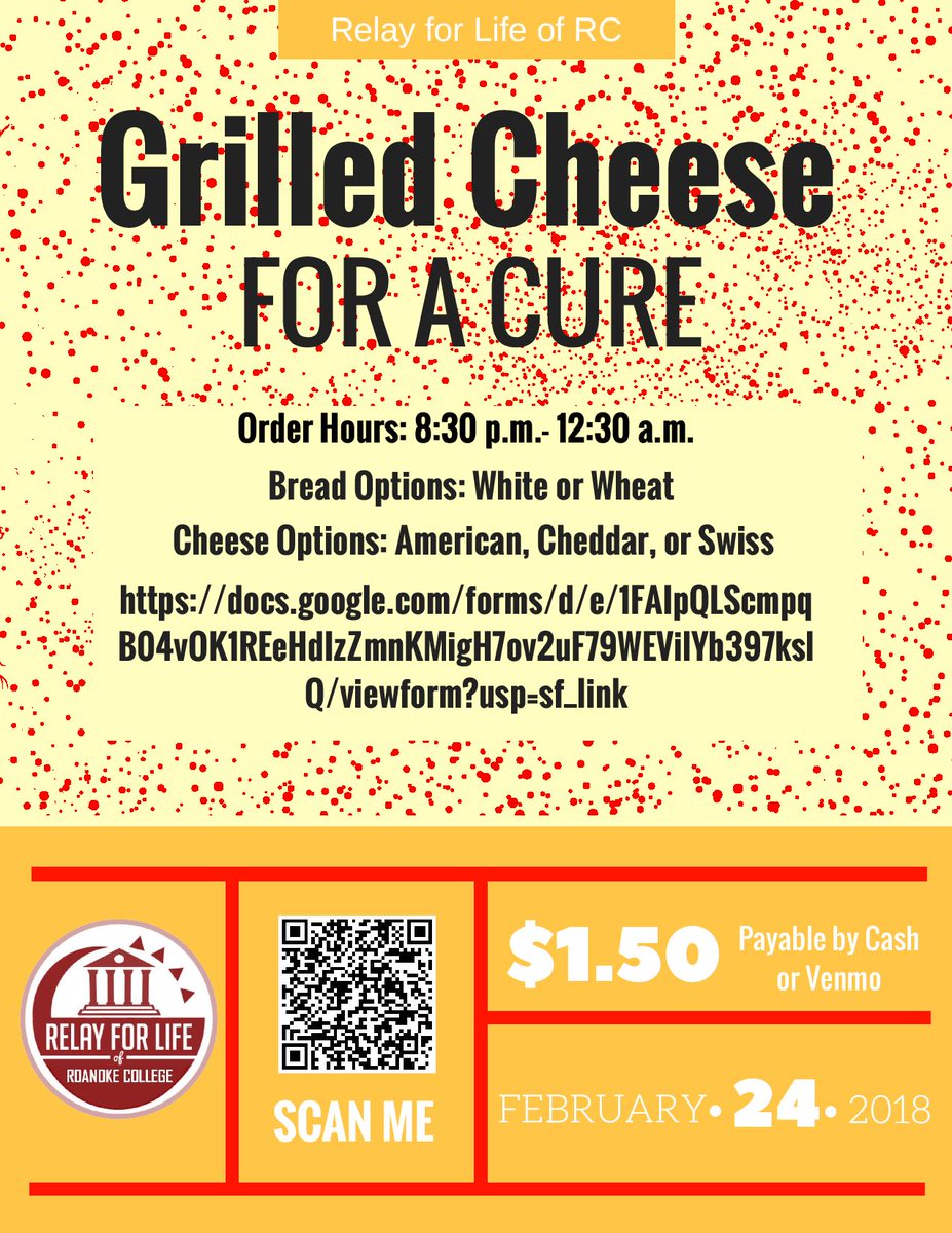 RC_relay's tweet photo. Our Grilled Cheese Night Fundraiser is here again!!! Take a study break or buy yourself a late night snack!!!! Support @RC_relay!!!! $1 per grilled cheese and a $0.50 delivery fee!!! We can't wait to see your orders Saturday night!!!! https://t.co/o4PHk3FxaV