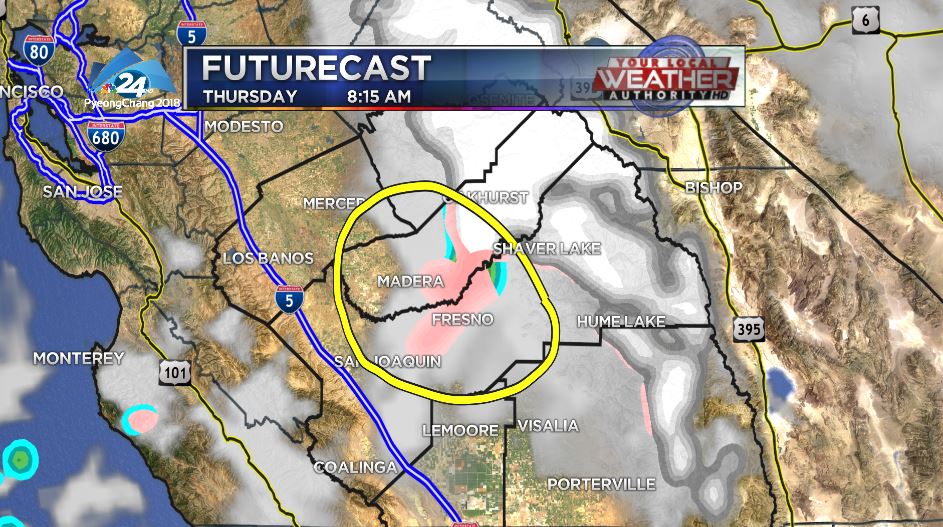 ajfoxwx's tweet photo. Snow?!? Do you know what the color pink means on these Futurecast maps? It means a RAIN/SNOW MIX!
If Fresno does get snow, it won't stick. But wouldn't in be FUN!
I'll have your forecast first @ 4PM on @KSEE24 (EARLY due to the Olympics) #Fresno #CaWeather #PossibleSnow #KSEE https://t.co/WySF1uMTzV