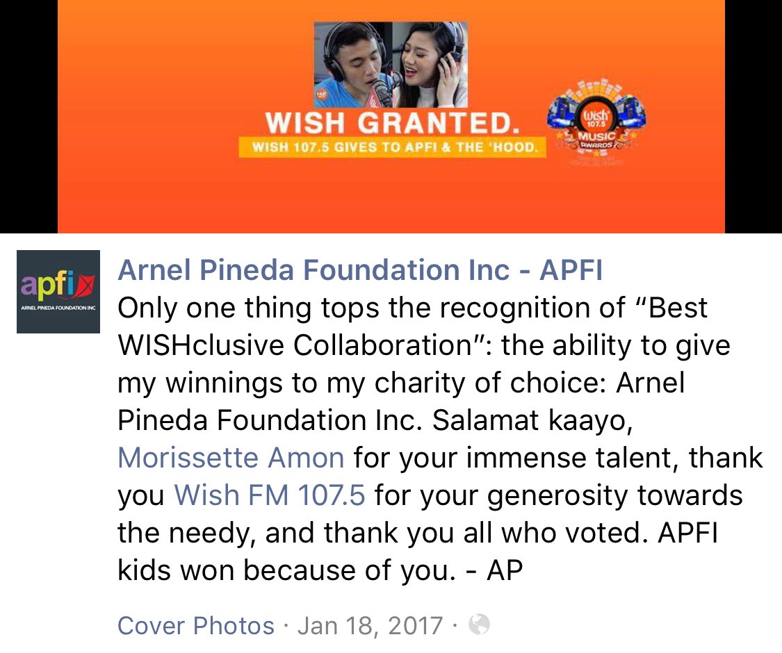 APFInc's tweet photo. Over a year ago, this happened; ultimately, it’s the APFi kids who won. Salamat kaayo, @itsMorissette and @Wish1075 https://t.co/ot4fTHNcRl