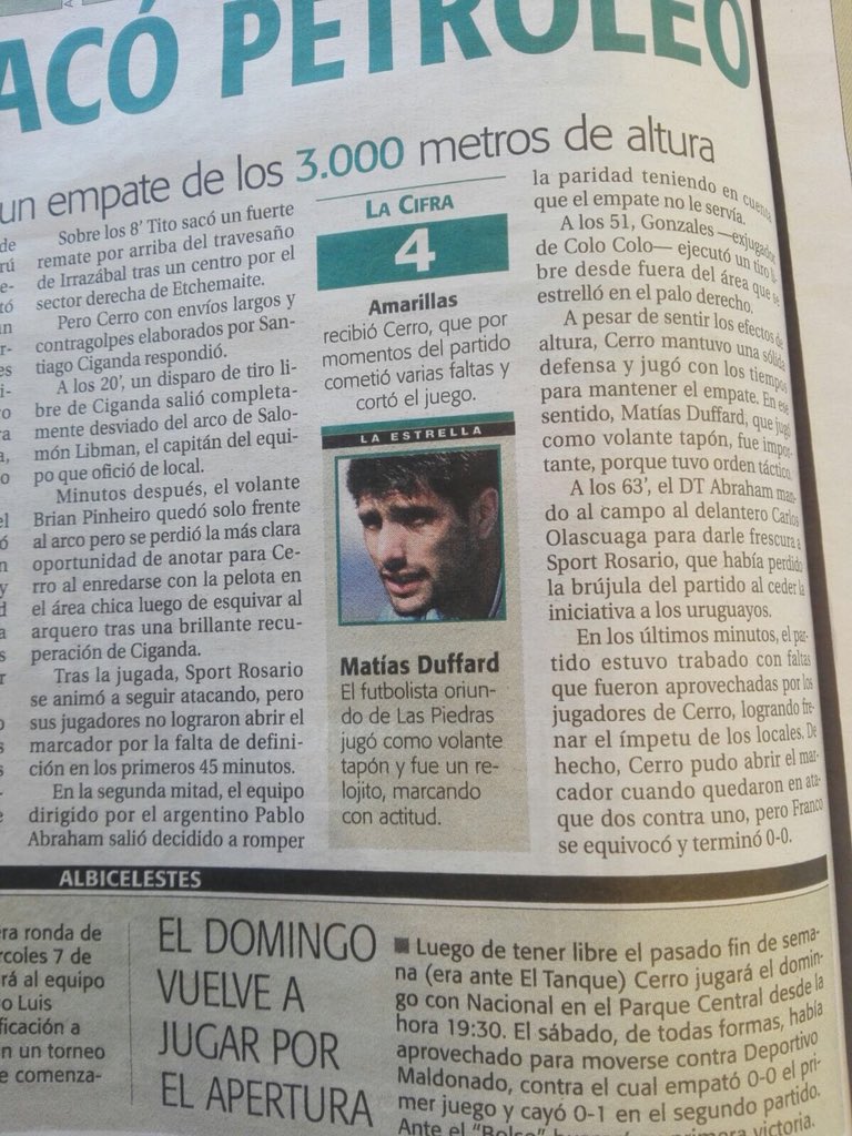 DuffardMatias's tweet photo. ^Matias Duffard fue volante tapón y relojito marcando  con actitud ^ .Se express el diario @Ovaciondigital  de Uruguay.  
Ayer debutando en Copa  @Sudamericana  con @CACerro_oficial @MatiasDuffard. https://t.co/hHZJcLPCMH