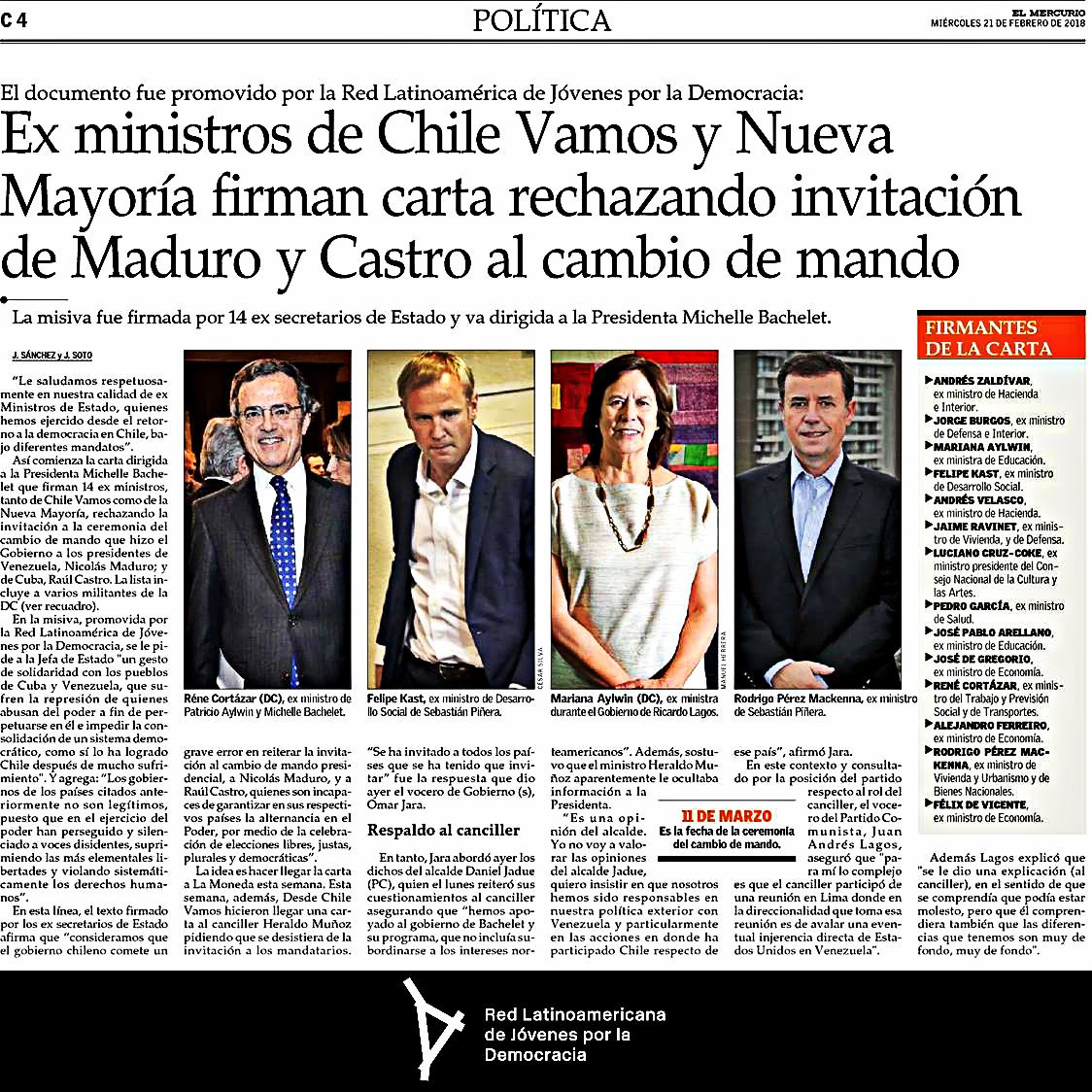 AdolfoFloresP's tweet image. [Iniciativa de @JuventudLAC] Exministros Chilenos rechazan invitación de Maduro y Castro a la ceremonia de cambio de mando presidencial. #21Feb