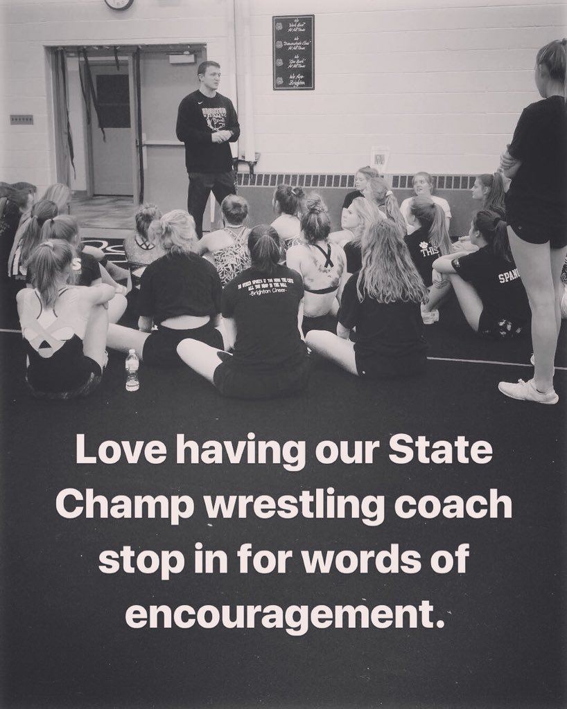 Brighton_Cheer's tweet photo. So thankful to have @godogswrestling Coach Greathouse stop by practice to offer words of encouragement as we head into Regionals this weekend. Best of Luck at team states this weekend!!!! #GoDogs #f8t1ar #rcpj https://t.co/8ZstZSTKGr