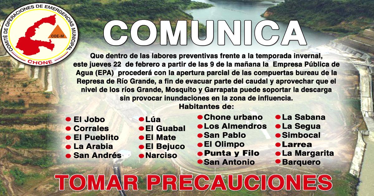 municipiochone's tweet photo. COE Cantonal #Chone informa dentro de las #LaboresPreventivas frente a la temporada invernal, que este jueves 22-FEB-2018 a partir de las 9AM, @EmpresaaguaEc procederá con la apertura del 50% de las compuertas bureau de la Represa de #RíoGrande https://t.co/gQK2HarmqM https://t.co/omkW9BDhao